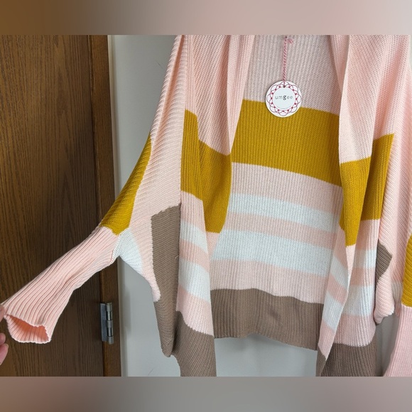 Umgee NWT Pink and Yellow Colorblock Cardigan 100% Cotton Pastel Open Front Cozy - Picture 8 of 11